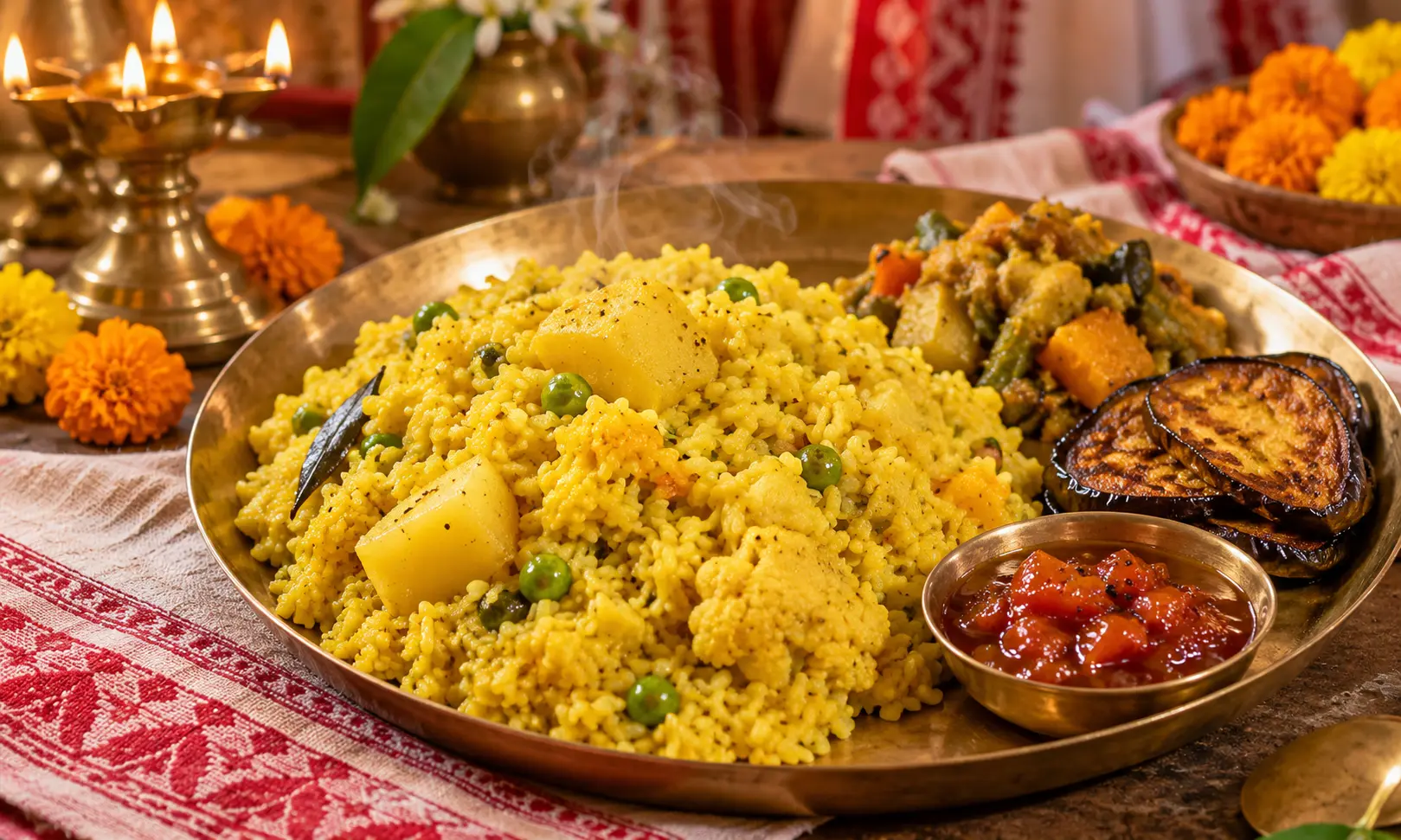 Traditional Bengali bhoger khichuri served during Durga Puja